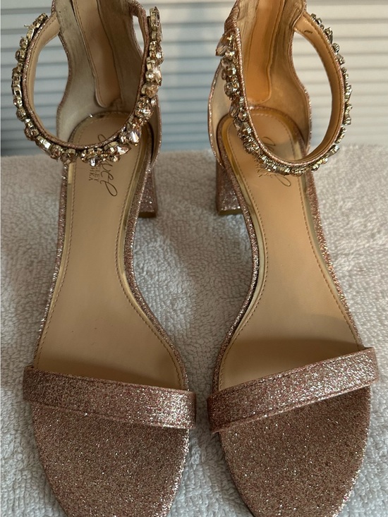 Jewel Badgley Mischka Shoes - Jewel Badgley Mischka Rose Gold Glitter Jeweled Ankle-Strap Block Heels